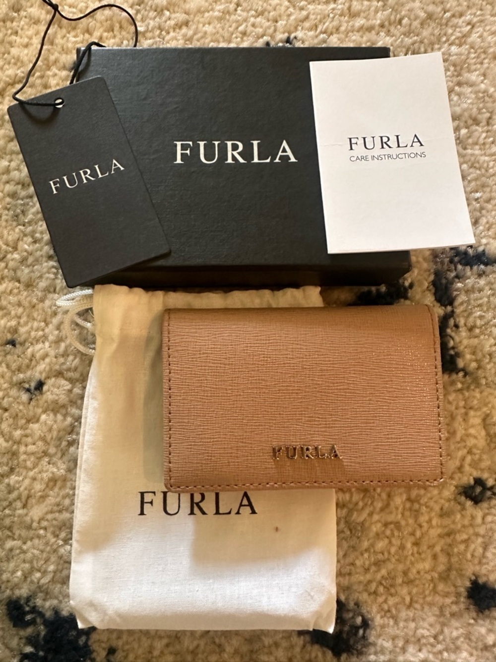 Furla Saffiano Card Holder in Tan-Beige with Gold Logo